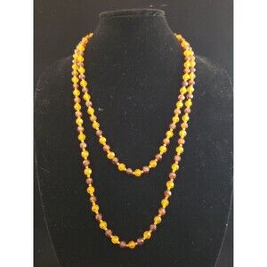 Vintage Unsigned 56" Long Strand Brown, Orange Gold Tone Plastic Bead Necklace